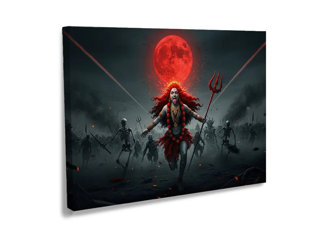 Metalen bord met afbeelding van een krachtige godin in een dramatische setting.