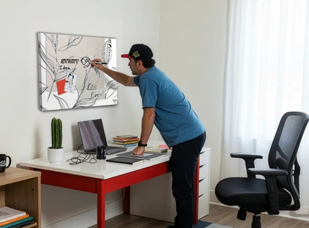 Metalen magneetbord met elegante lijntekeningen van bladeren - droog uitwisbaar & magnetisch