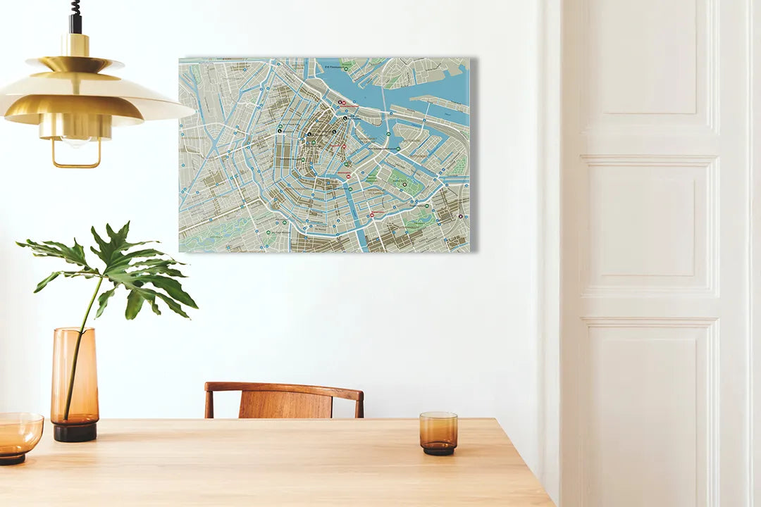 Metalen magneetbord van een gedetailleerde stadskaart - droog uitwisbaar & magnetisch