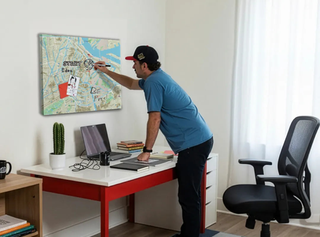 Metalen magneetbord van een gedetailleerde stadskaart - droog uitwisbaar & magnetisch