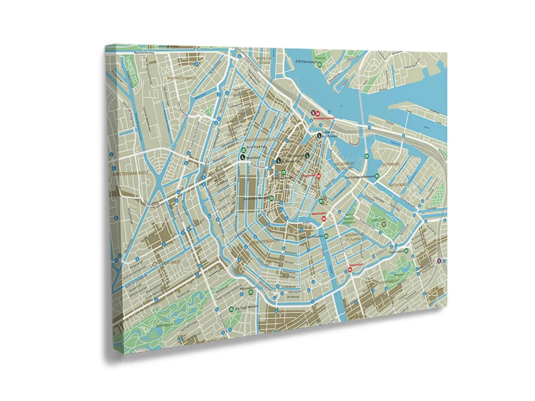 Metalen bord met een stadskaart, ideaal als magneetbord en decoratie.