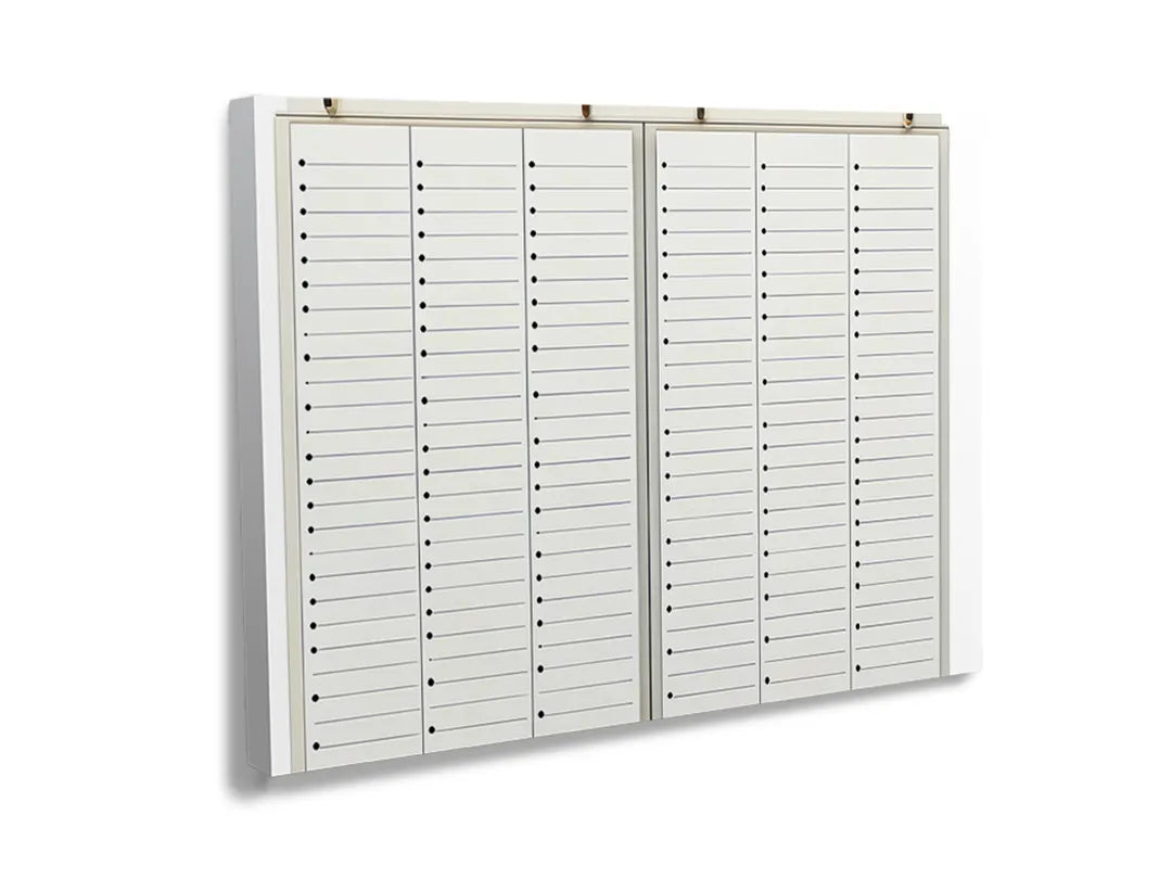 Een metalen magneetbord met horizontale lijnen, ideaal als memobord en wanddecoratie.