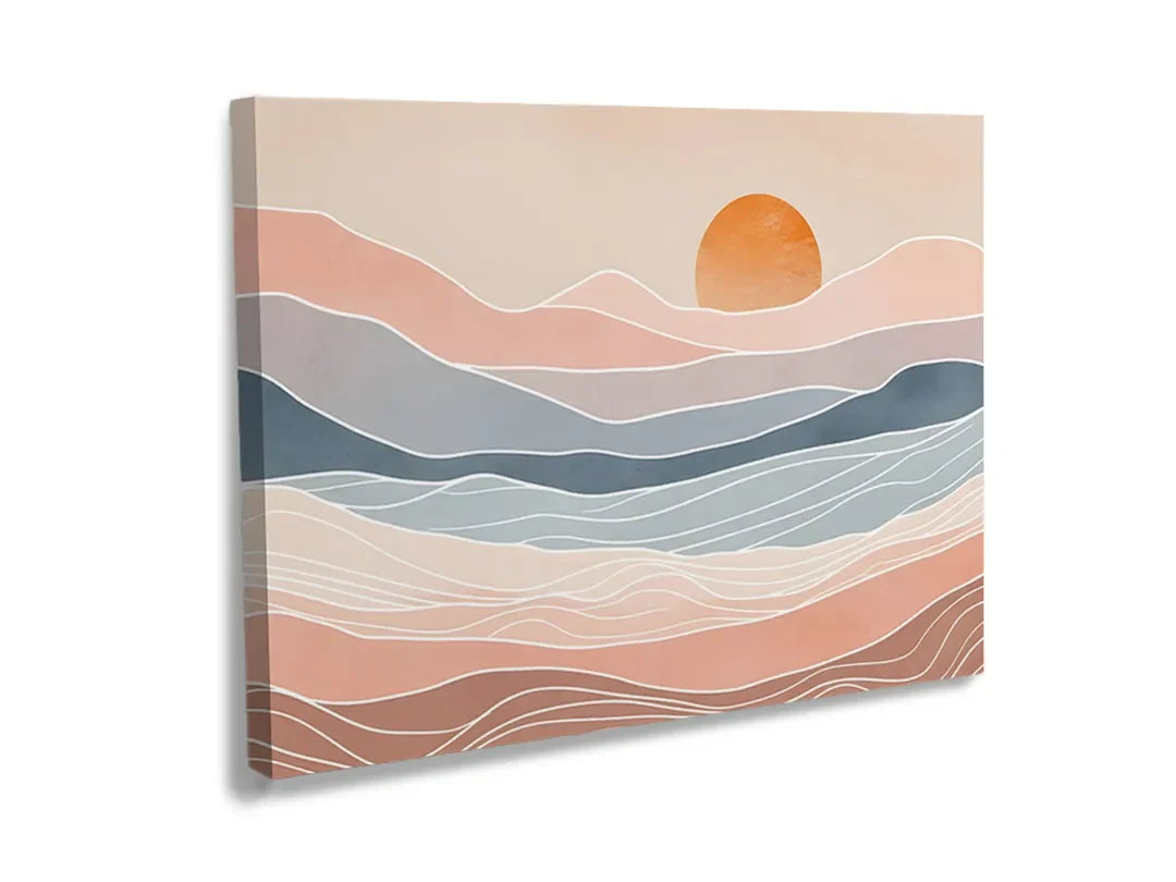 Metalen magneetbord met abstract ontwerp van bergen en zon