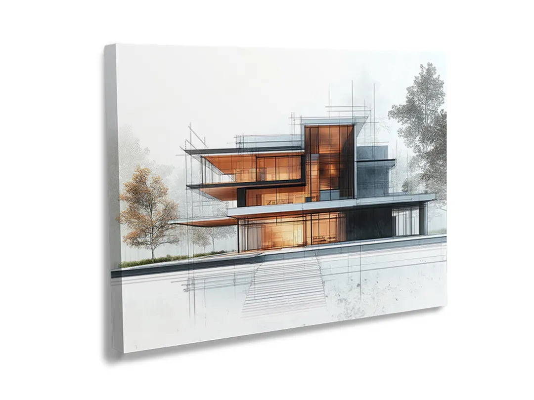 Metalen bord met moderne architectuurtekening als wanddecoratie.