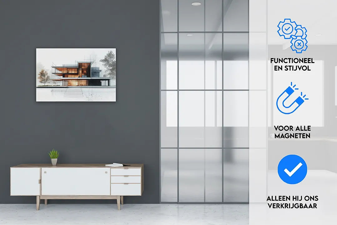 Moderne architectuur op metalen magneetbord – droog uitwisbaar & magnetisch