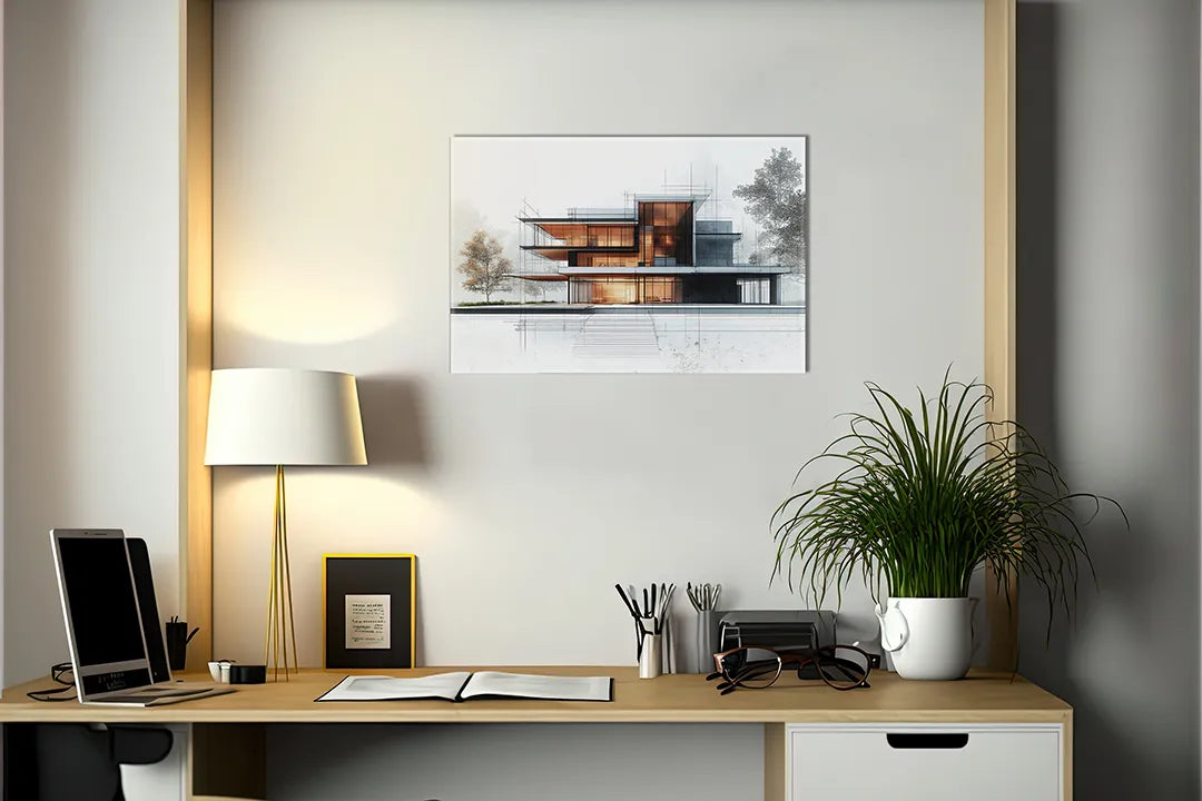 Moderne architectuur op metalen magneetbord – droog uitwisbaar & magnetisch