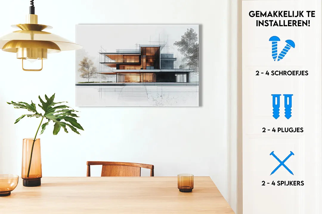 Moderne architectuur op metalen magneetbord – droog uitwisbaar & magnetisch