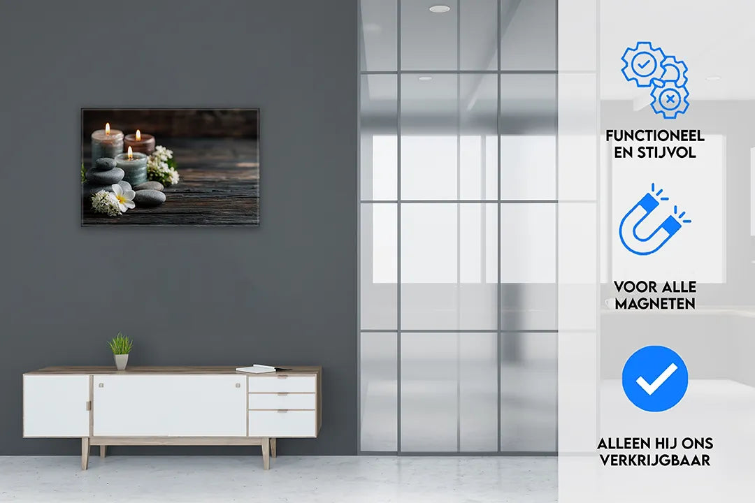 Rustiek en sfeervol metalen magneetbord met kaarsen en stenen – droog uitwisbaar & magnetisch