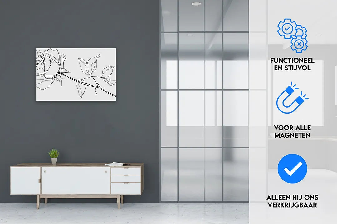 Minimalistisch metalen magneetbord met rozenlijntekening – droog uitwisbaar & magnetisch