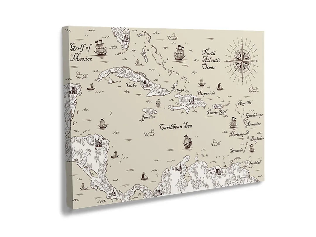 Metalen bord met ontwerp van een vintage zeekaart en schepen in de Caribische Zee.