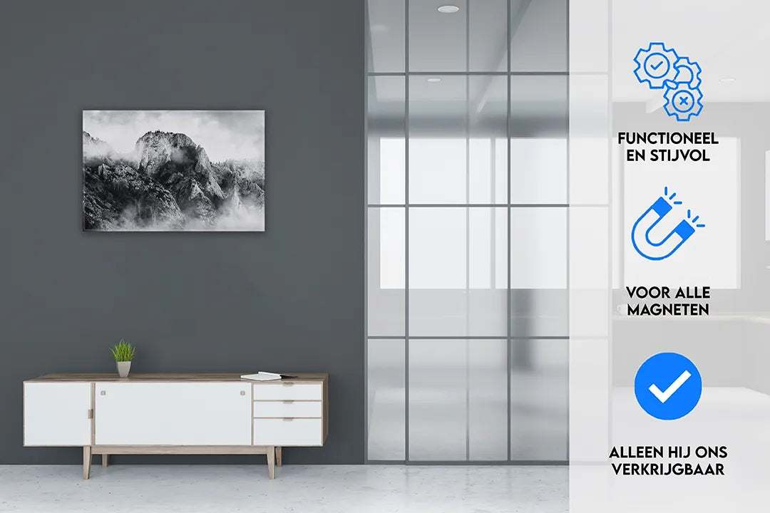 Metalen magneetbord met berglandschap in zwart-wit – droog uitwisbaar & magnetisch