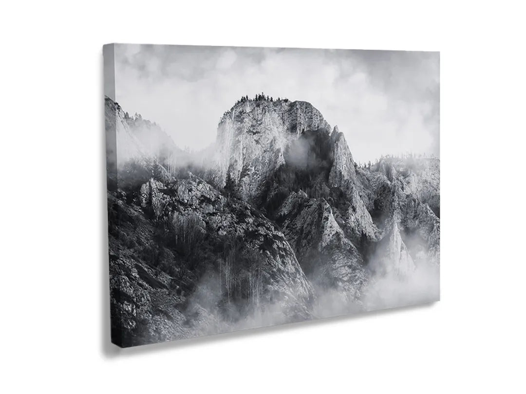 Metalen bord met zwart-wit berglandschap als decoratieve magneetbord.