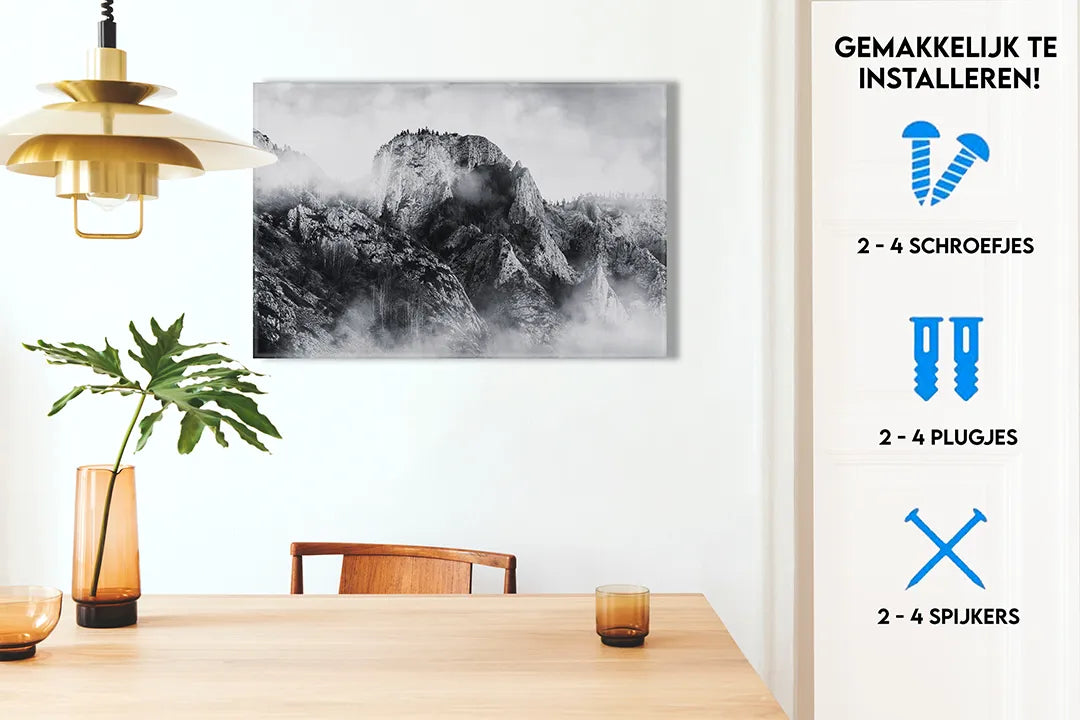 Metalen magneetbord met berglandschap in zwart-wit – droog uitwisbaar & magnetisch