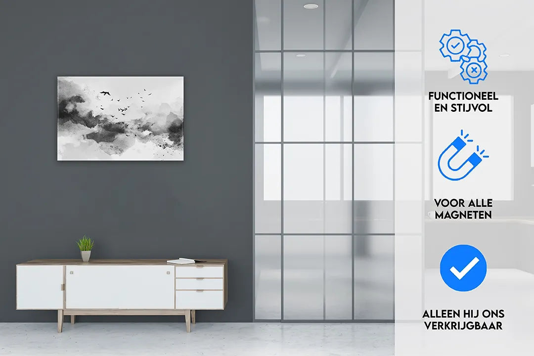 Metalen magneetbord met vogels op waterverfachter achtergrond – droog uitwisbaar & magnetisch