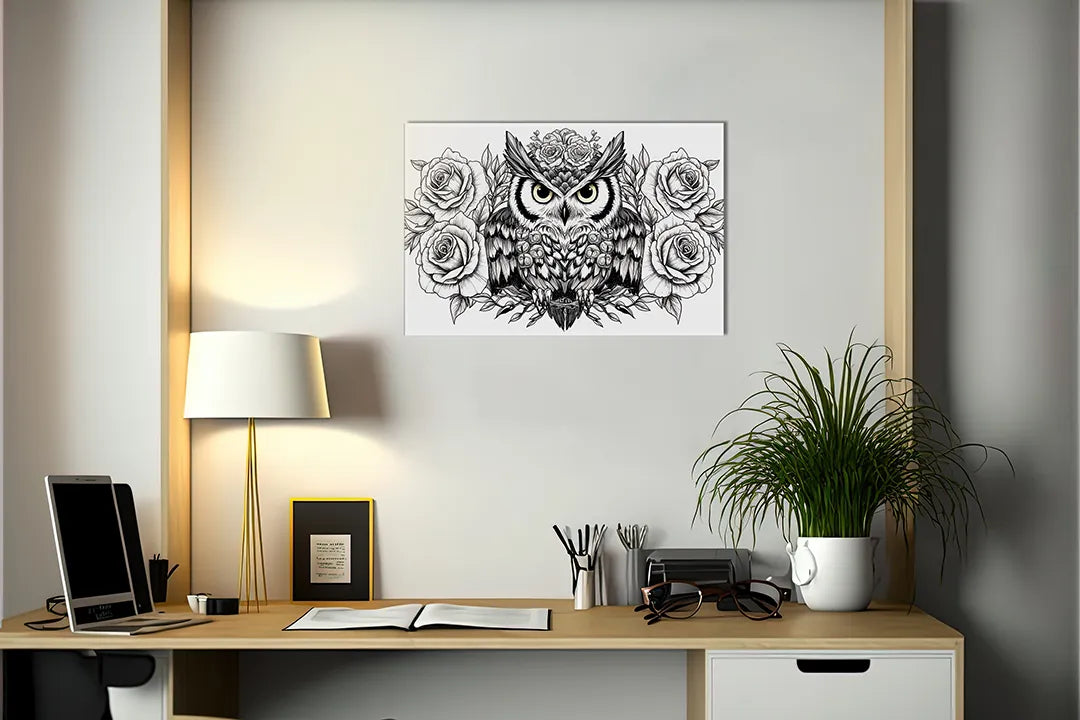 Metalen magneetbord met uil en rozen – droog uitwisbaar & magnetisch