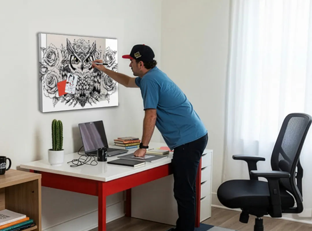 Metalen magneetbord met uil en rozen – droog uitwisbaar & magnetisch