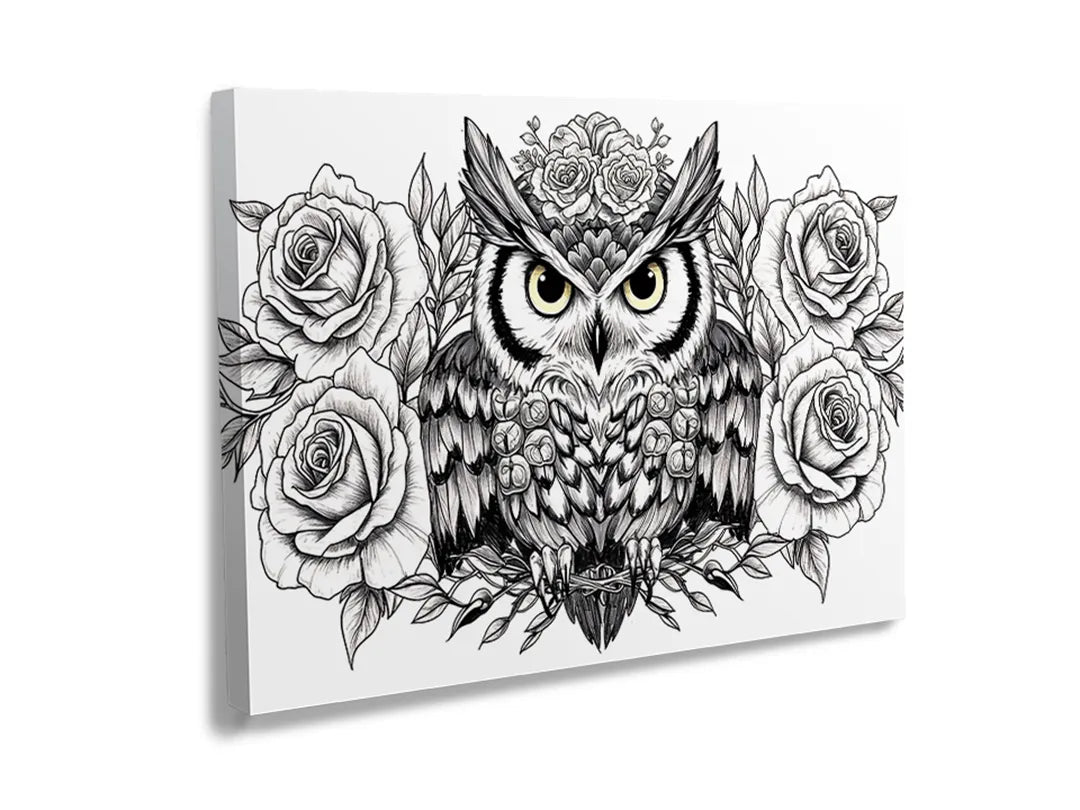 Metalen magneetbord met een kunstzinnige uil en rozen als decoratie.