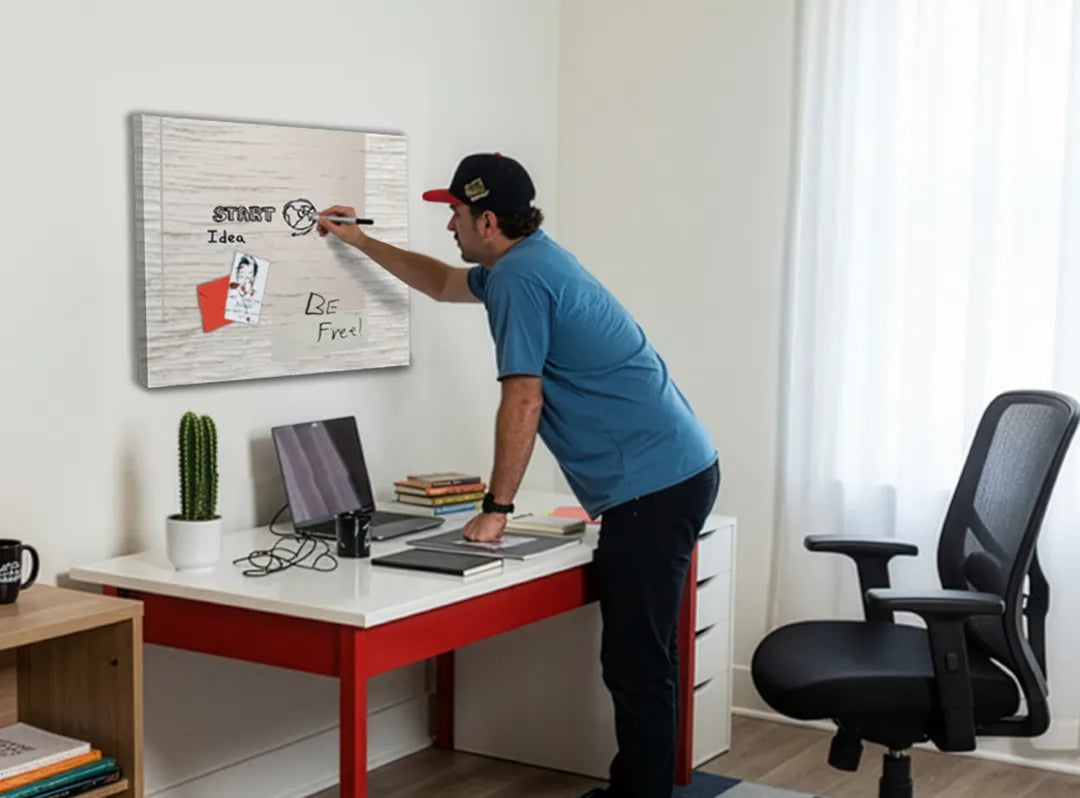 Minimalistisch metalen magneetbord met houtstructuur – droog uitwisbaar & magnetisch