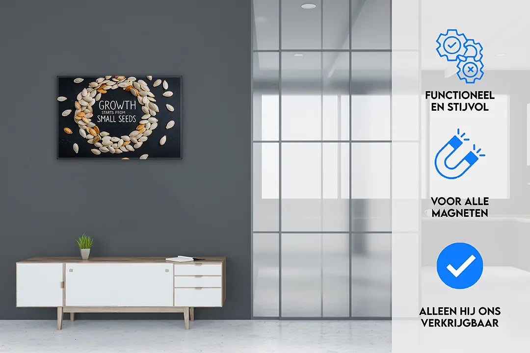 Metalen magneetbord met zaadjes en inspirerende tekst – droog uitwisbaar & magnetisch