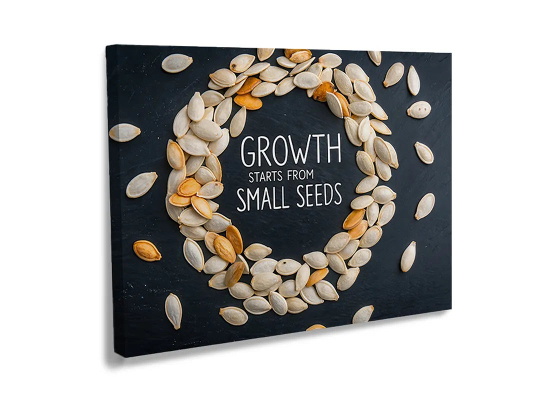 Een metalen magneetbord met zaadjes en de tekst 'Growth starts from small seeds'.