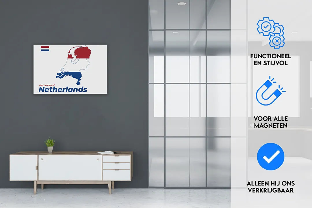 Metalen magneetbord met Nederland kaart en vlag – droog uitwisbaar & magnetisch