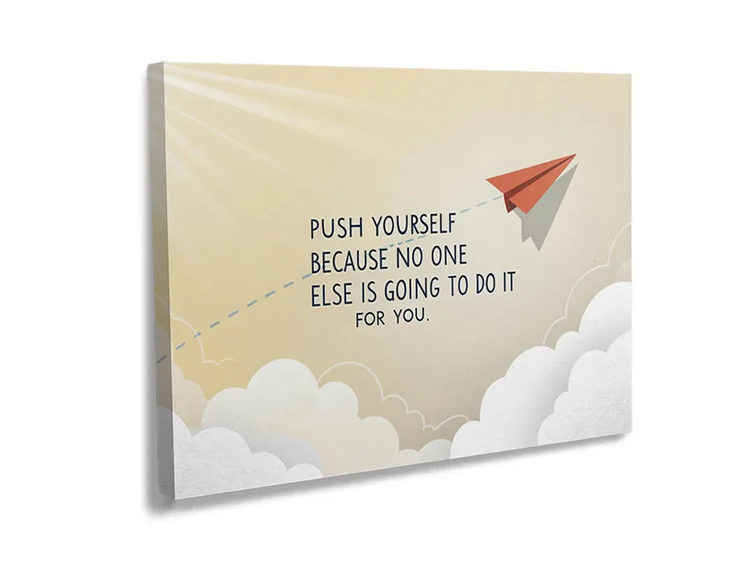 Metalen bord met papieren vliegtuig en inspirerende tekst voor decoratie en memopunt.