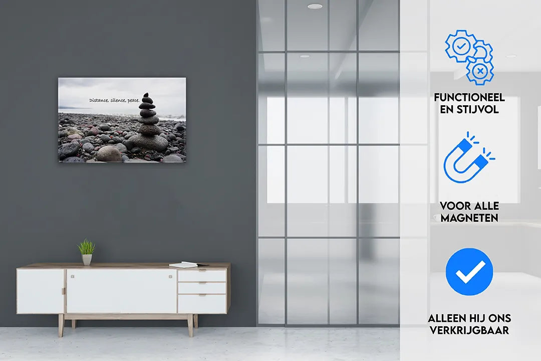 Metalen magneetbord met stapel stenen en inspirerende tekst – droog uitwisbaar & magnetisch