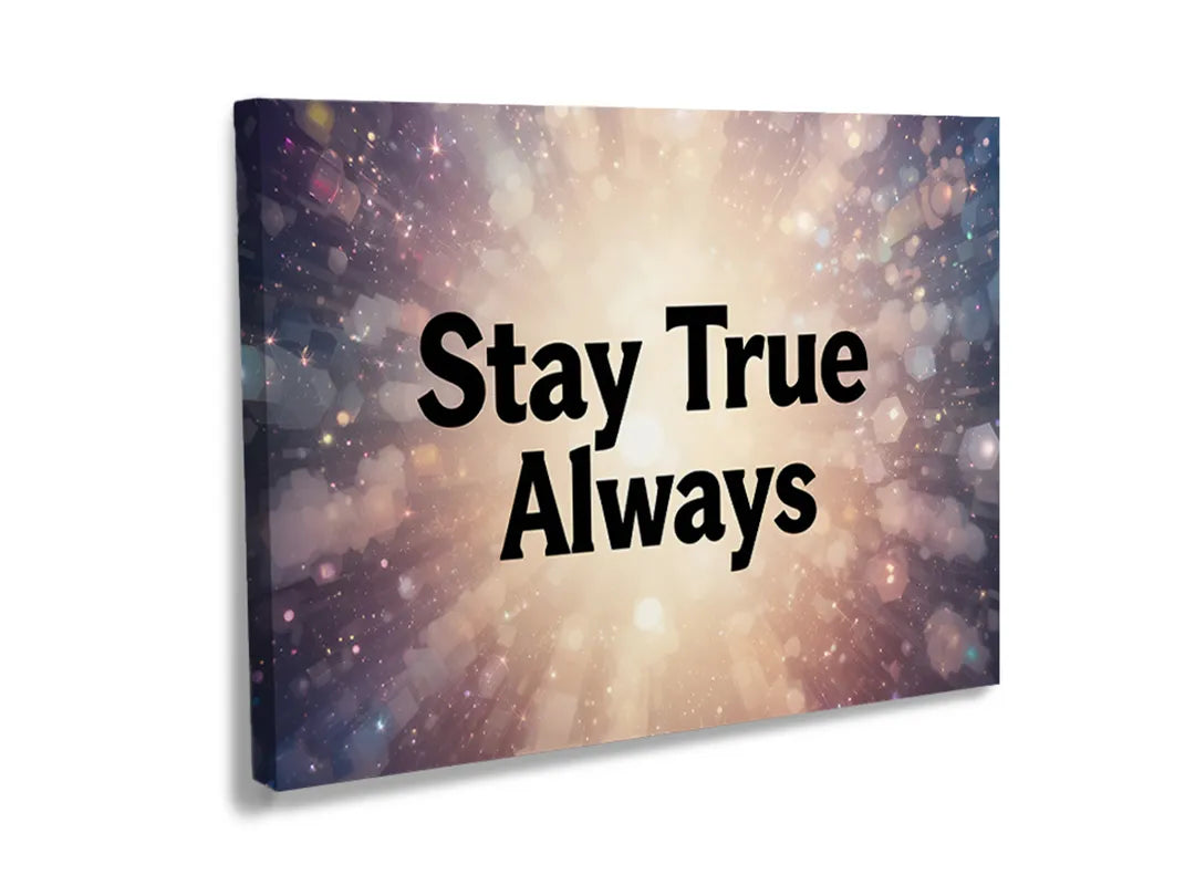Metalen magneetbord met de tekst Stay True Always op een kleurrijke achtergrond.