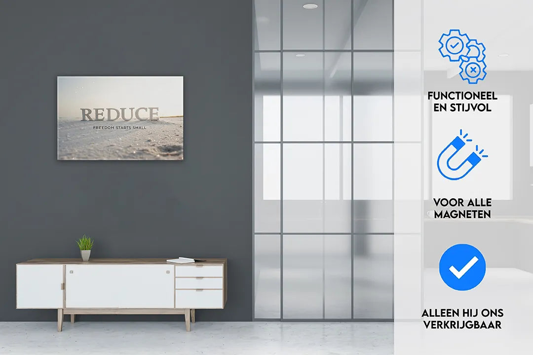 Metalen magneetbord met inspirerende tekst 'REDUCE' – droog uitwisbaar & magnetisch