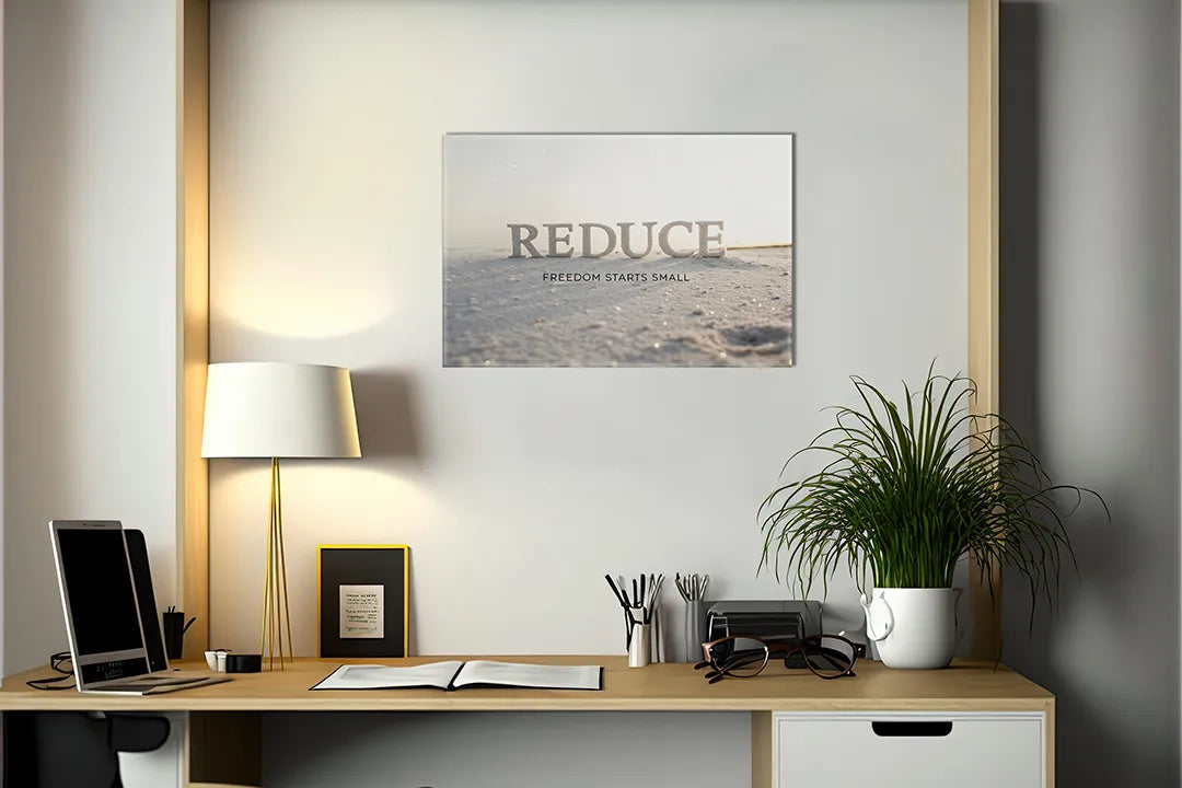 Metalen magneetbord met inspirerende tekst 'REDUCE' – droog uitwisbaar & magnetisch
