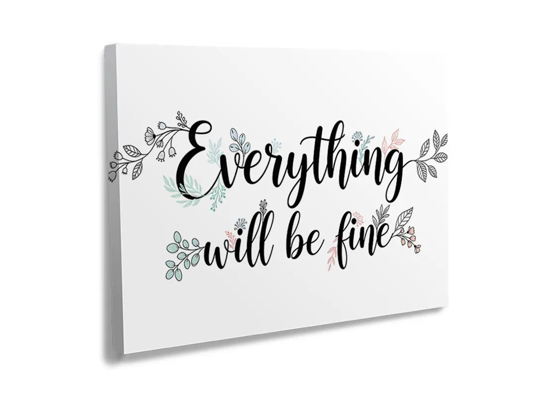 Metalen magneetbord met de tekst 'Everything will be fine' en bloemen