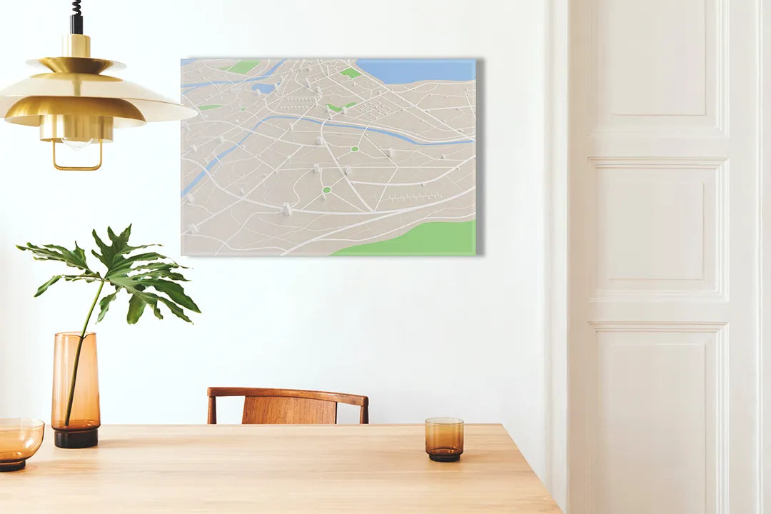 Decoratief aluminium magneetbord met stadsplattegrond – droog uitwisbaar & magnetisch