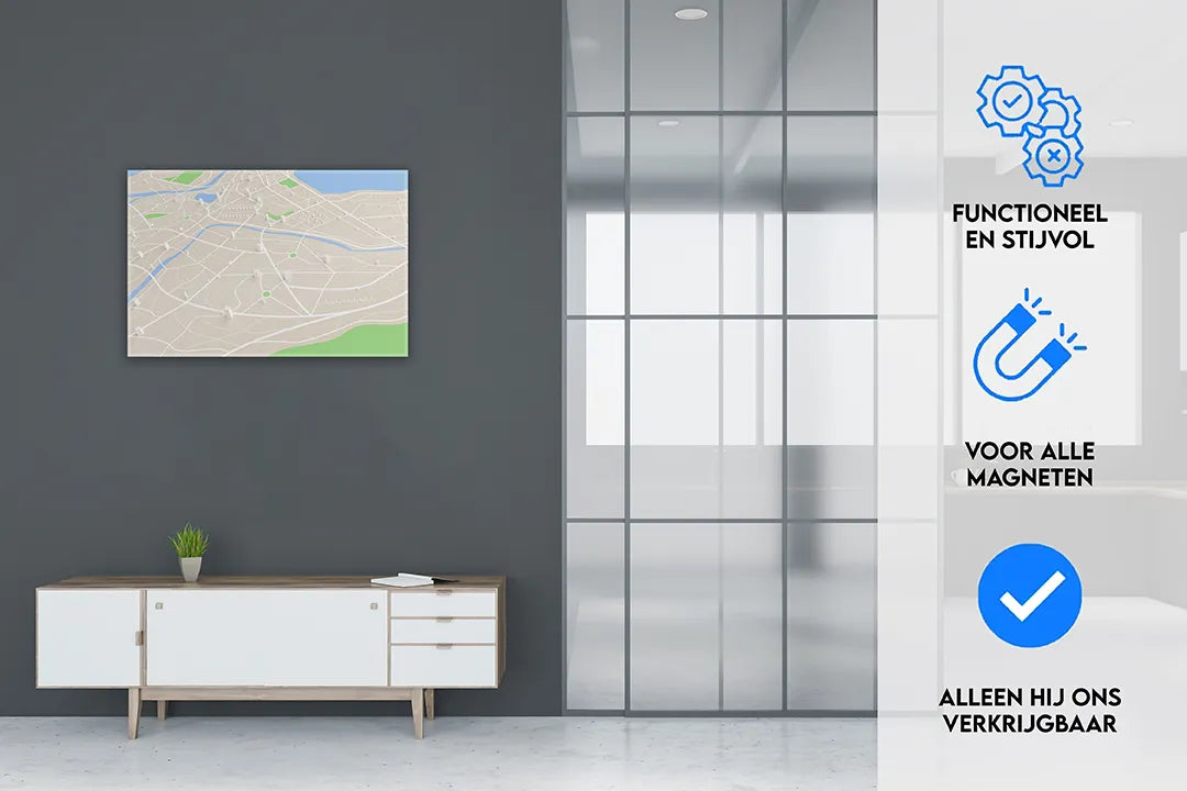 Decoratief aluminium magneetbord met stadsplattegrond – droog uitwisbaar & magnetisch