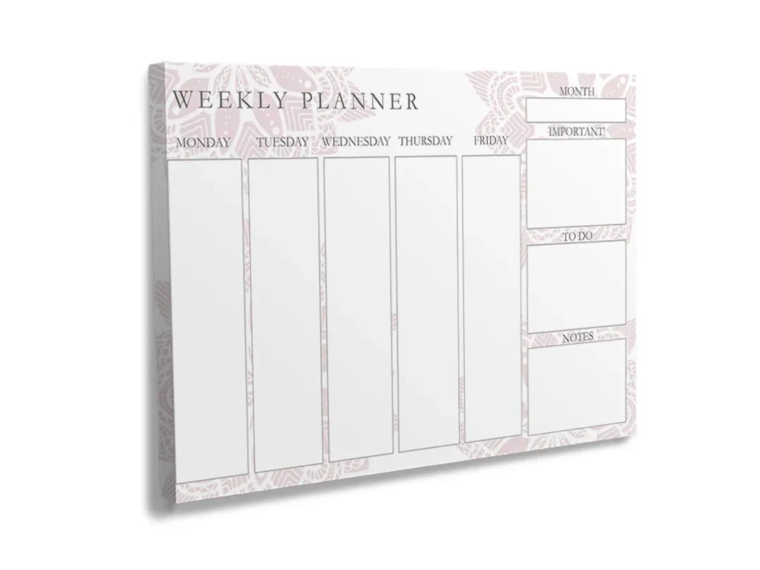 Metalen magneetbord met wekelijkse planner voor het bijhouden van afspraken en taken.