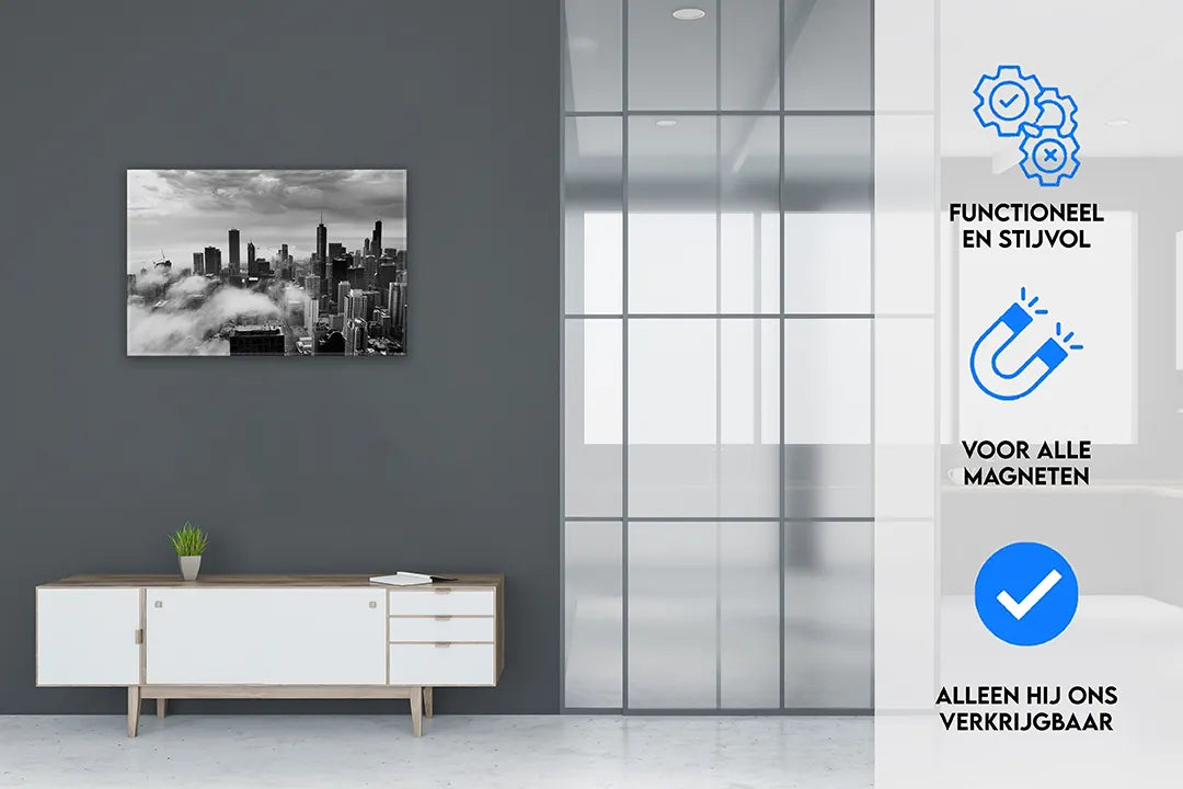 Metalen magneetbord van een skyline in zwart-wit – droog uitwisbaar & magnetisch