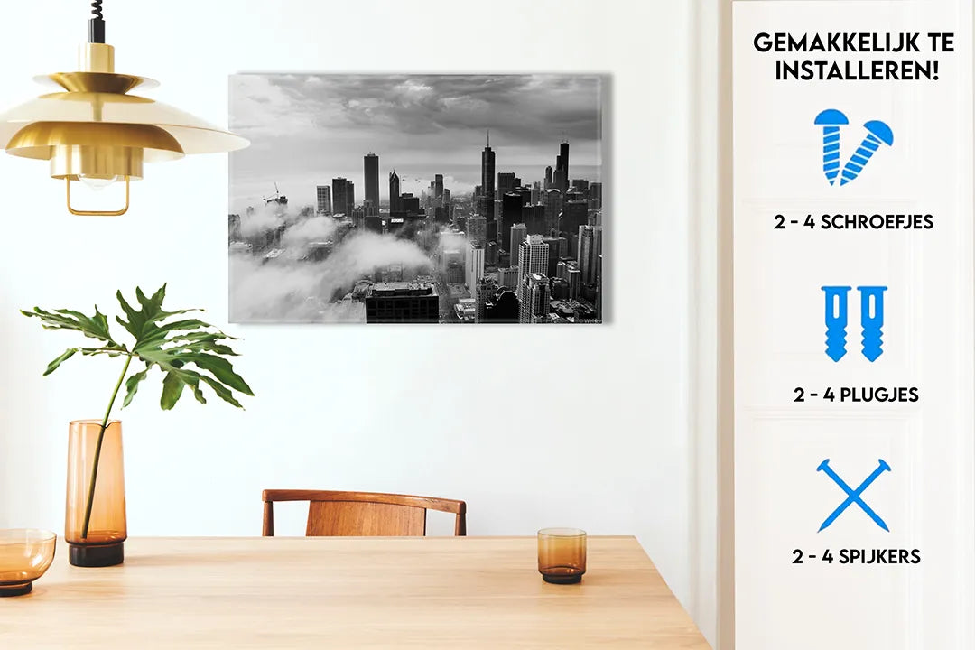 Metalen magneetbord van een skyline in zwart-wit – droog uitwisbaar & magnetisch