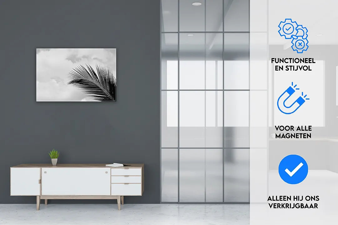 Metalen magneetbord met palmblad in zwart-wit – droog uitwisbaar & magnetisch