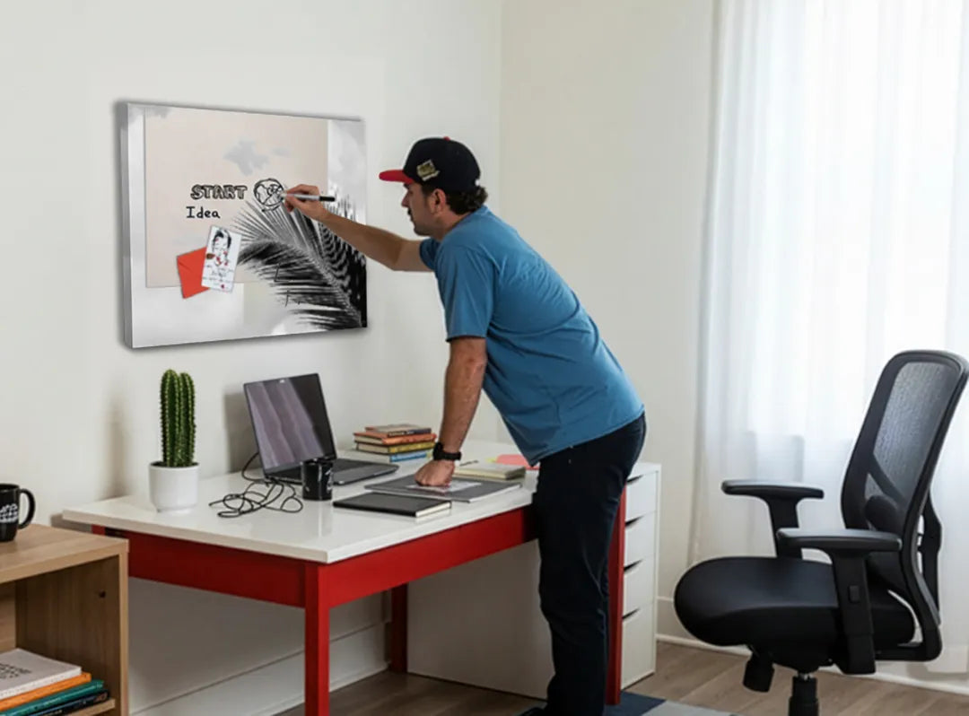 Metalen magneetbord met palmblad in zwart-wit – droog uitwisbaar & magnetisch