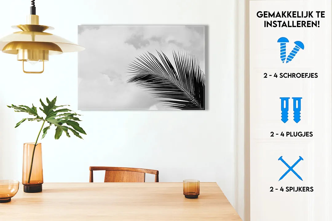 Metalen magneetbord met palmblad in zwart-wit – droog uitwisbaar & magnetisch