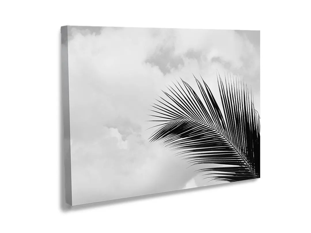 Metalen bord met een zwart-wit afbeelding van een palmblad tegen een grijze lucht.