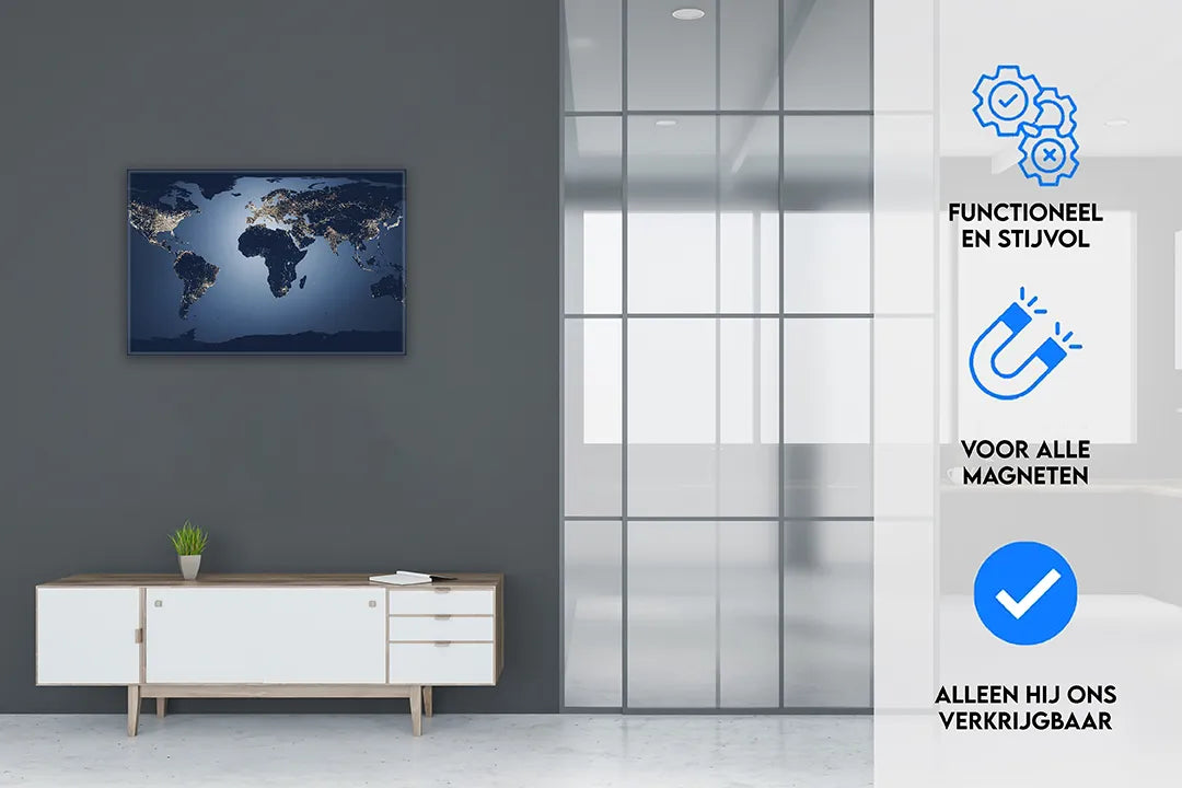 Metalen Magneetbord Wereldkaart in Nachtlook – droog uitwisbaar & magnetisch