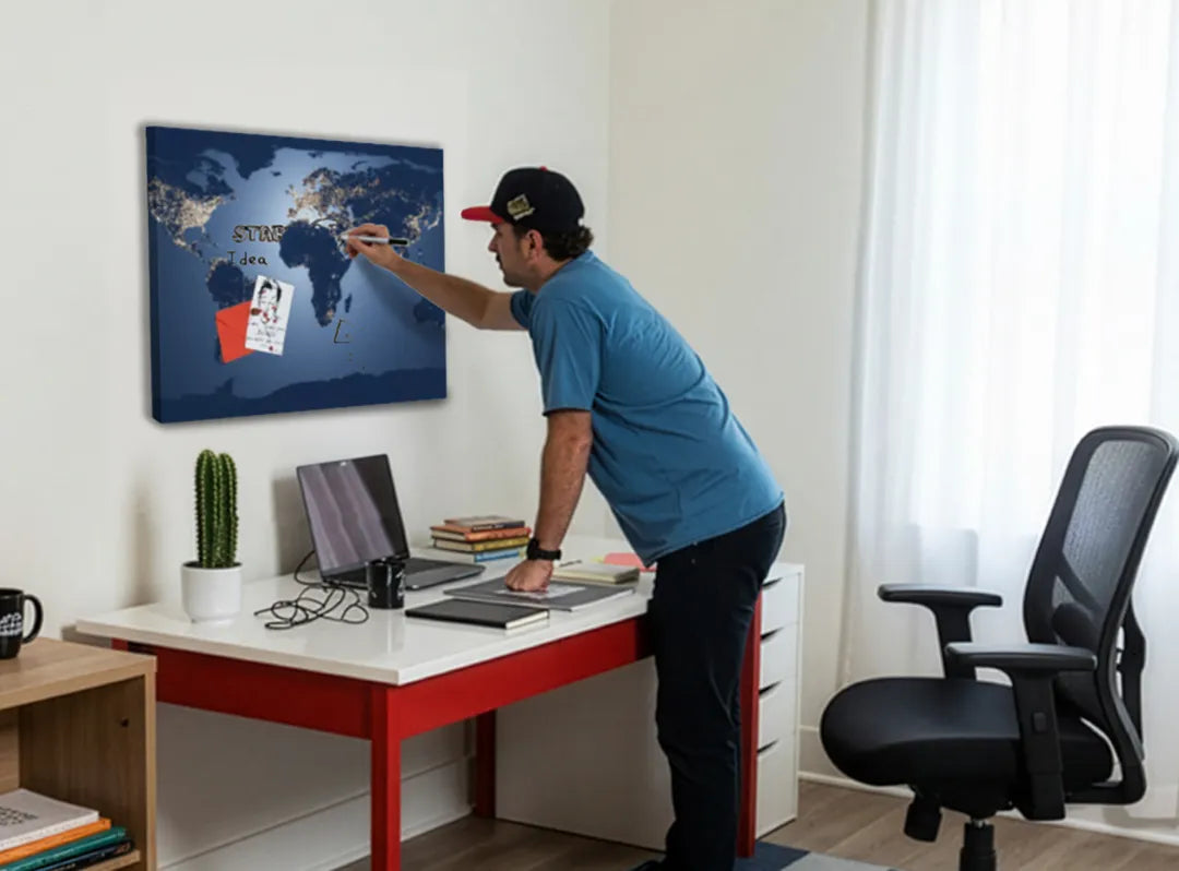 Metalen Magneetbord Wereldkaart in Nachtlook – droog uitwisbaar & magnetisch