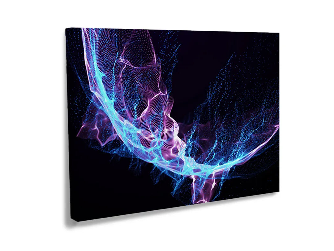 Metalen bord met abstracte neon kunst in blauw en paars.