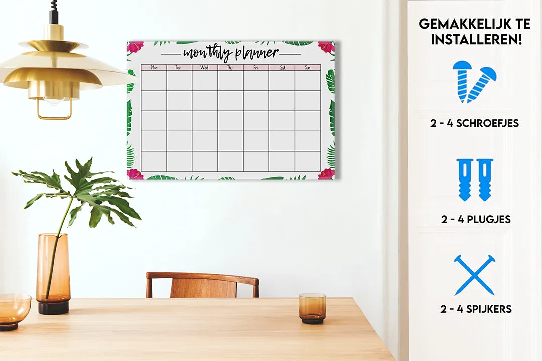 Metalen Magneetbord Monthly Planner met Tropische Lijst – droog uitwisbaar & magnetisch