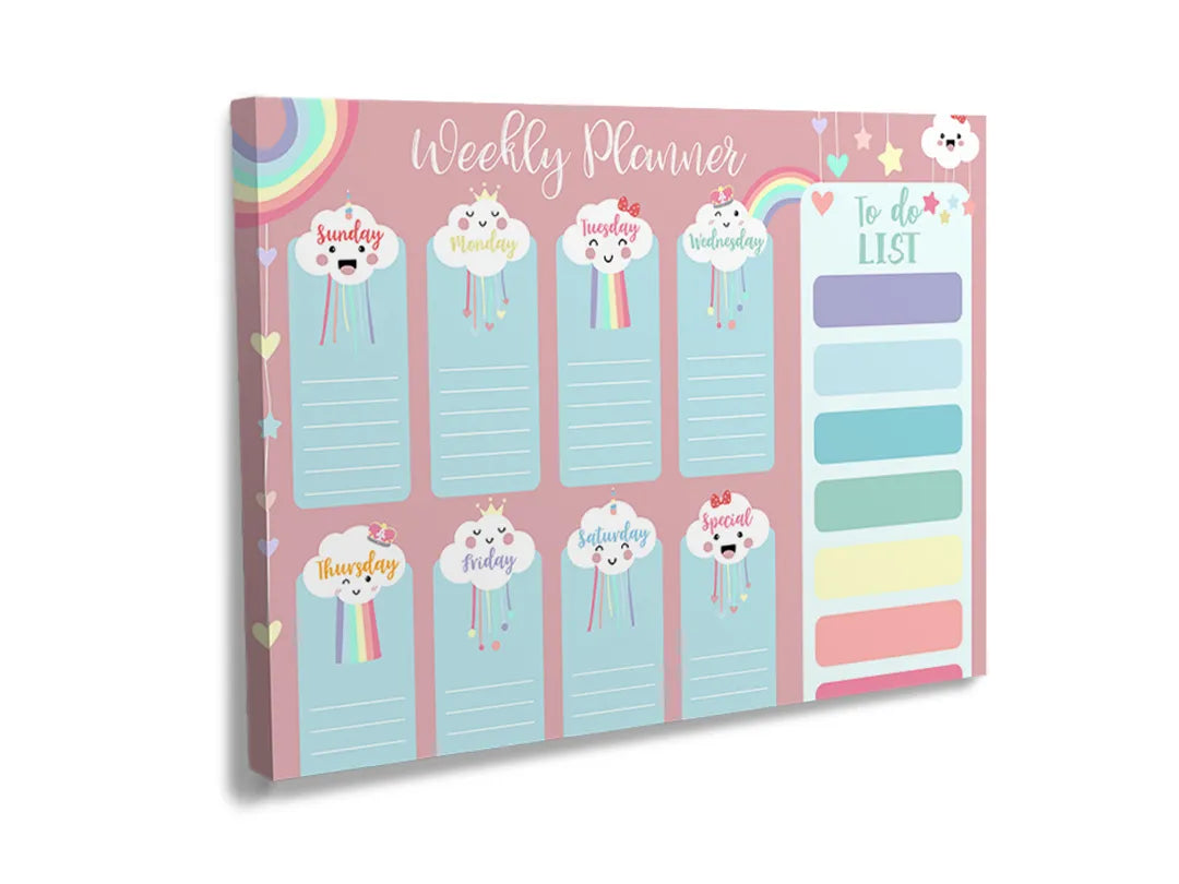 Metalen magneetbord met wekenplanner en cloud-illustraties