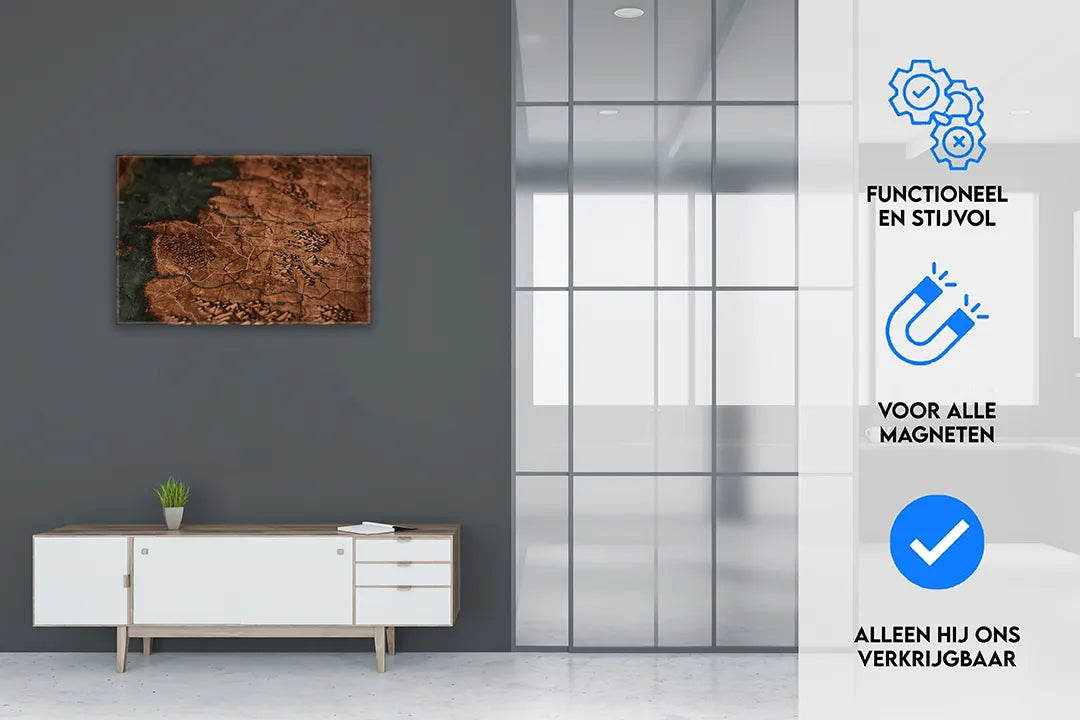 Stijlvol metalen magneetbord met wereldkaartdesign – droog uitwisbaar & magnetisch