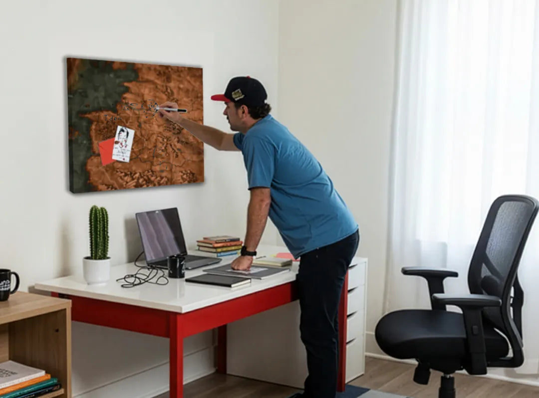 Stijlvol metalen magneetbord met wereldkaartdesign – droog uitwisbaar & magnetisch