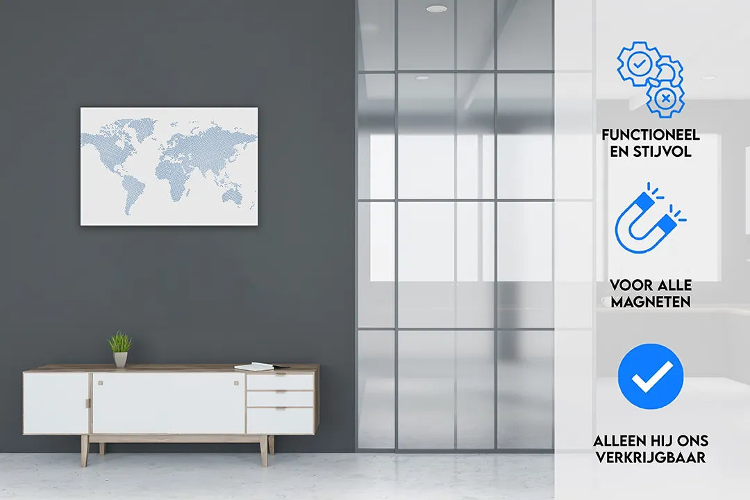 Metalen magneetbord met wereldkaart in blauw – droog uitwisbaar & magnetisch