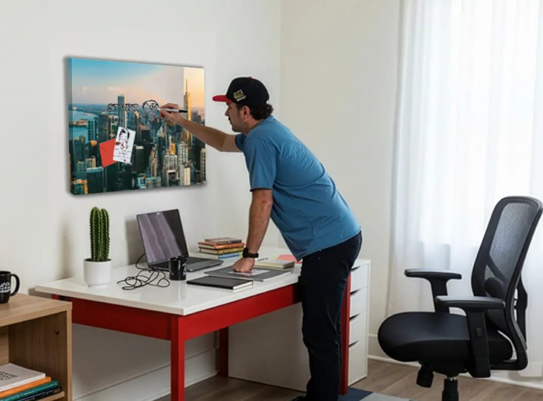 Stadssilhouet op een metalen magneetbord - droog uitwisbaar & magnetisch