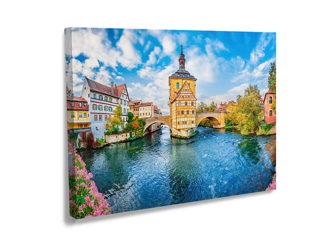 Metalen magneetbord met een prachtig uitzicht op een brug en historische gebouwen